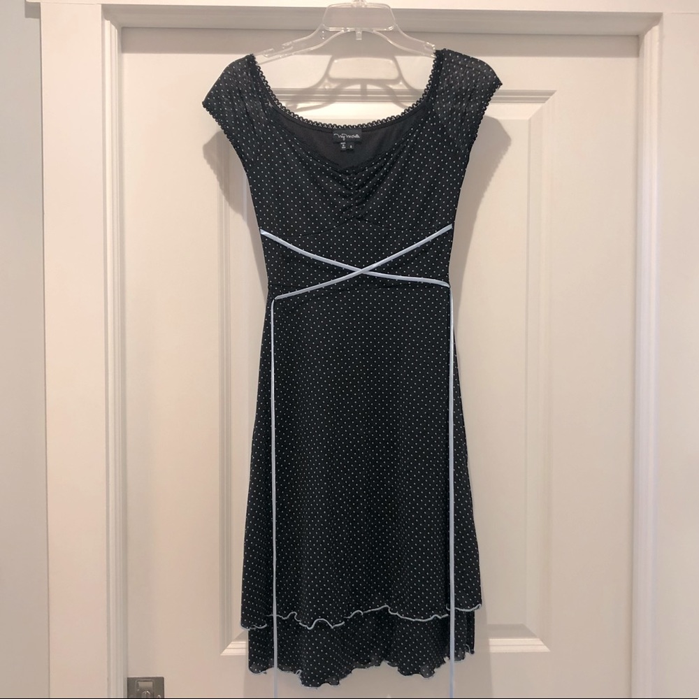 Black with blue polka dot dress.